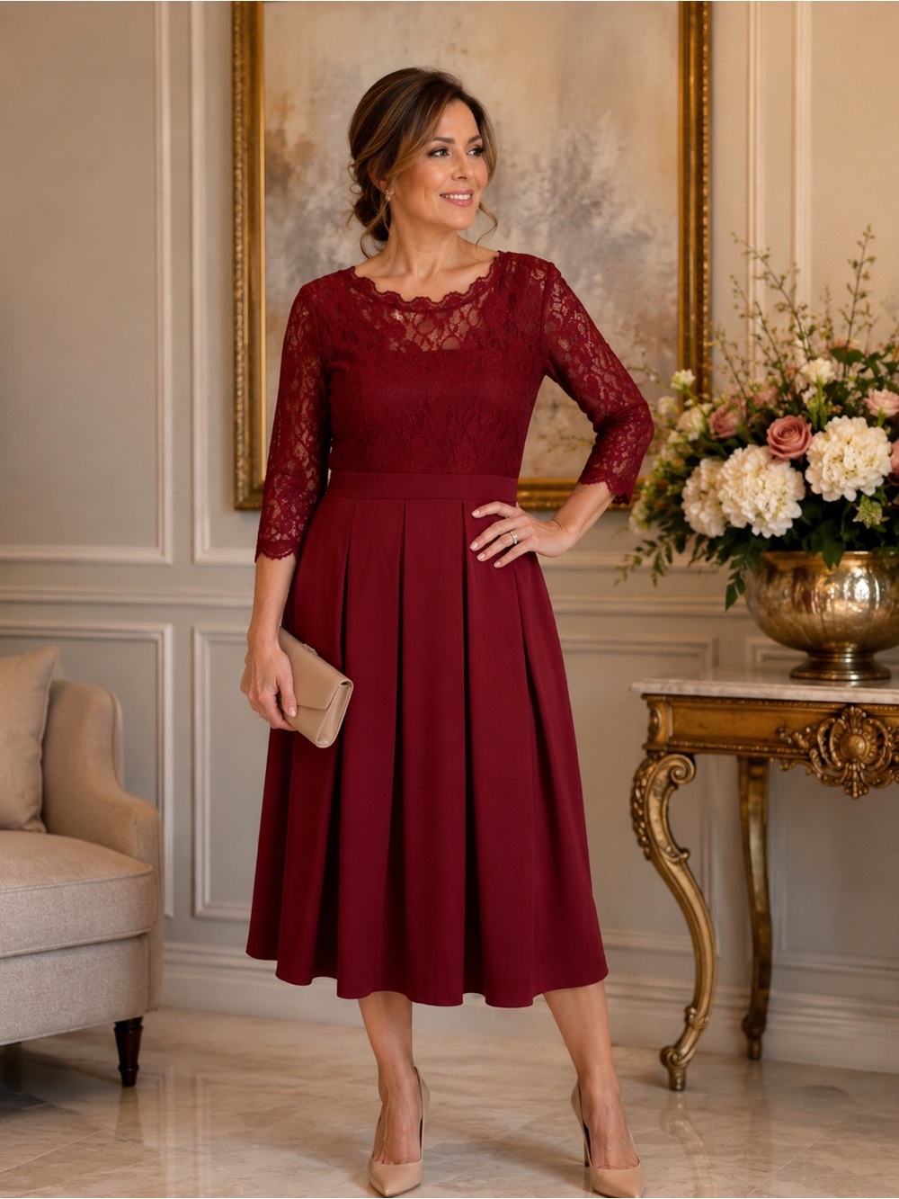 FREEPRANCE. Elegant Lace Bodice Midi Dress in Burgundy SIZE XL